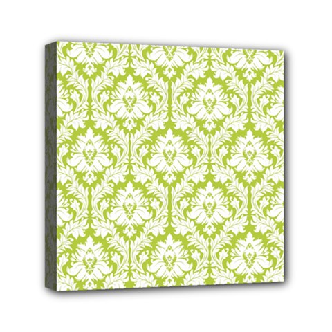 White On Spring Green Damask Mini Canvas 6  x 6  (Framed) from ArtsNow.com