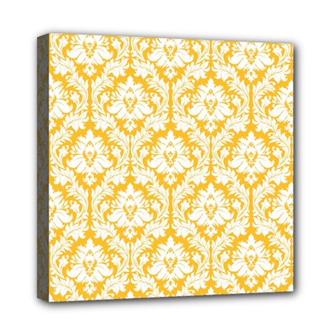 White On Sunny Yellow Damask Mini Canvas 8  x 8  (Framed) from ArtsNow.com