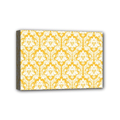 White On Sunny Yellow Damask Mini Canvas 6  x 4  (Framed) from ArtsNow.com