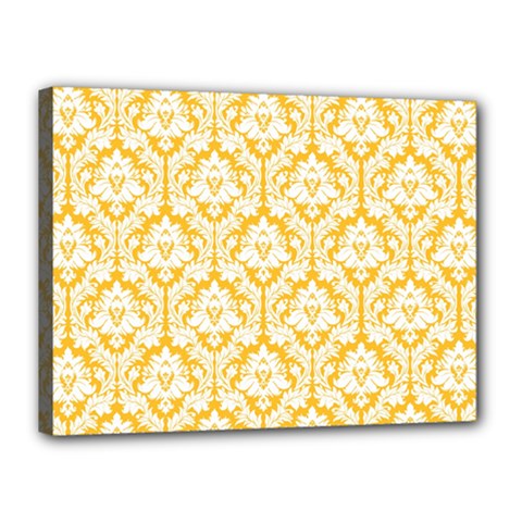 White On Sunny Yellow Damask Canvas 16  x 12  (Framed) from ArtsNow.com