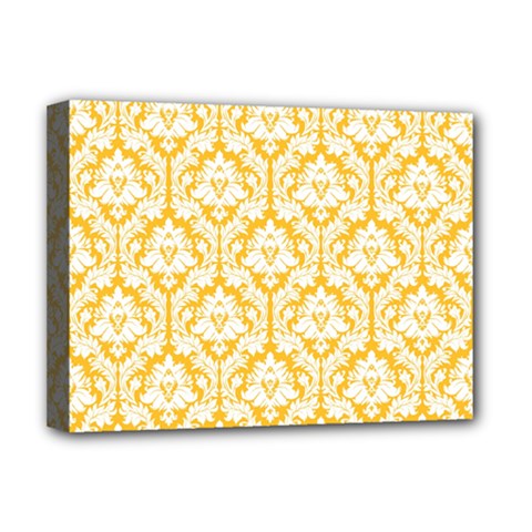 White On Sunny Yellow Damask Deluxe Canvas 16  x 12  (Framed)  from ArtsNow.com