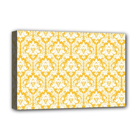 White On Sunny Yellow Damask Deluxe Canvas 18  x 12  (Framed) from ArtsNow.com