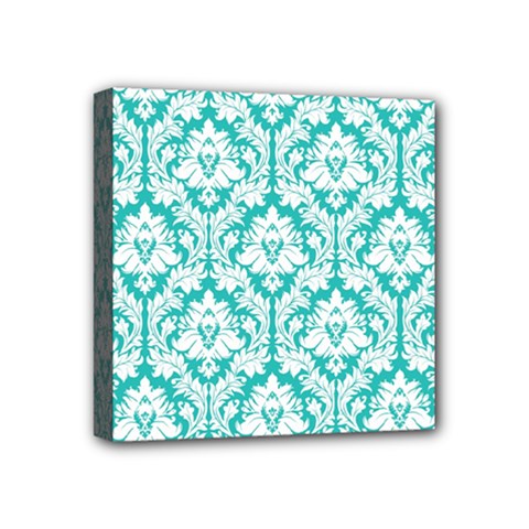 White On Turquoise Damask Mini Canvas 4  x 4  (Framed) from ArtsNow.com