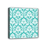 White On Turquoise Damask Mini Canvas 4  x 4  (Framed)