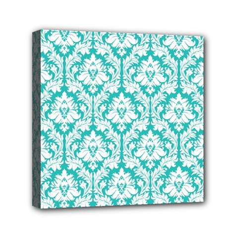 White On Turquoise Damask Mini Canvas 6  x 6  (Framed) from ArtsNow.com