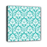 White On Turquoise Damask Mini Canvas 6  x 6  (Framed)