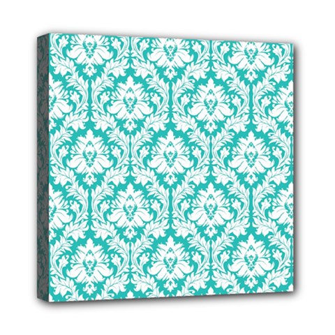 White On Turquoise Damask Mini Canvas 8  x 8  (Framed) from ArtsNow.com