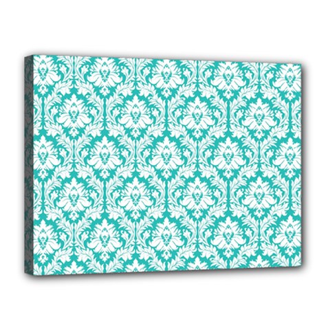 White On Turquoise Damask Canvas 16  x 12  (Framed) from ArtsNow.com