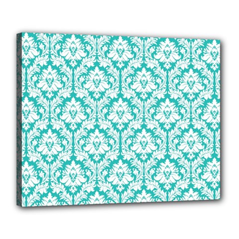 White On Turquoise Damask Canvas 20  x 16  (Framed) from ArtsNow.com