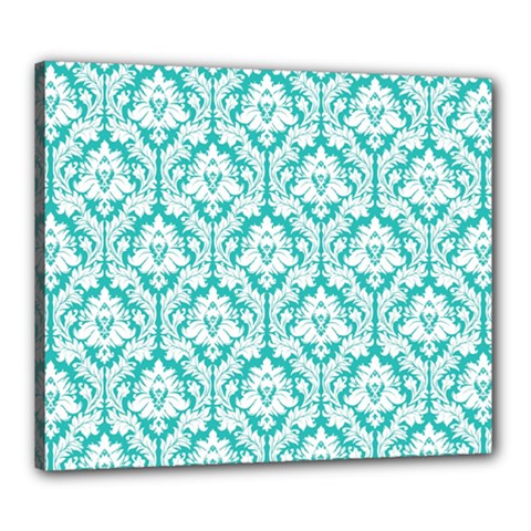 White On Turquoise Damask Canvas 24  x 20  (Framed) from ArtsNow.com