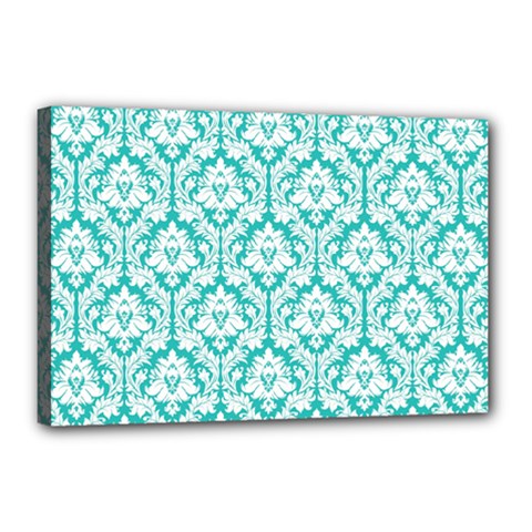 White On Turquoise Damask Canvas 18  x 12  (Framed) from ArtsNow.com