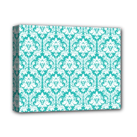 White On Turquoise Damask Deluxe Canvas 14  x 11  (Framed) from ArtsNow.com