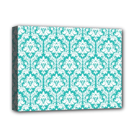 White On Turquoise Damask Deluxe Canvas 16  x 12  (Framed)  from ArtsNow.com