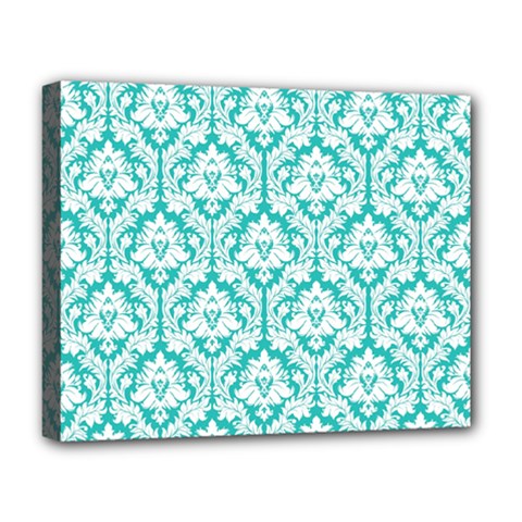 White On Turquoise Damask Deluxe Canvas 20  x 16  (Framed) from ArtsNow.com