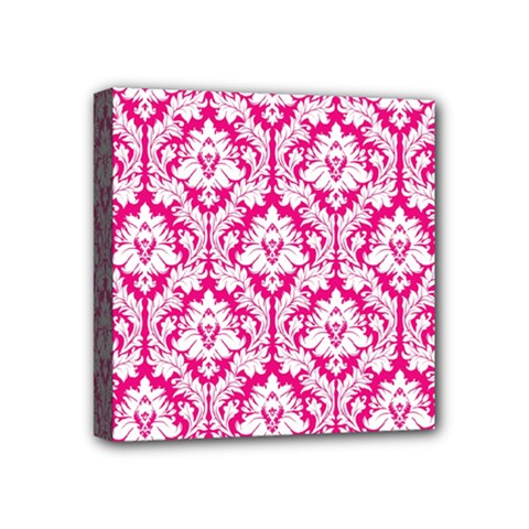 White On Hot Pink Damask Mini Canvas 4  x 4  (Framed) from ArtsNow.com