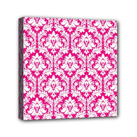 White On Hot Pink Damask Mini Canvas 6  x 6  (Framed) from ArtsNow.com