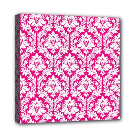 White On Hot Pink Damask Mini Canvas 8  x 8  (Framed) from ArtsNow.com