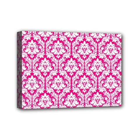 White On Hot Pink Damask Mini Canvas 7  x 5  (Framed) from ArtsNow.com