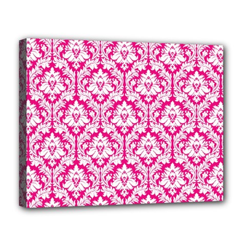 White On Hot Pink Damask Canvas 14  x 11  (Framed) from ArtsNow.com