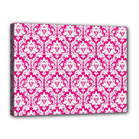 White On Hot Pink Damask Canvas 16  x 12  (Framed) from ArtsNow.com