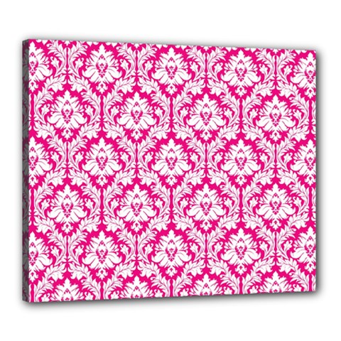 White On Hot Pink Damask Canvas 24  x 20  (Framed) from ArtsNow.com