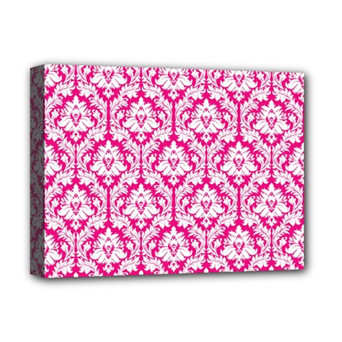 White On Hot Pink Damask Deluxe Canvas 16  x 12  (Framed)  from ArtsNow.com