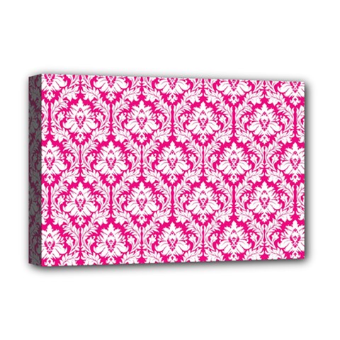 White On Hot Pink Damask Deluxe Canvas 18  x 12  (Framed) from ArtsNow.com