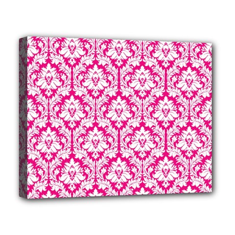 White On Hot Pink Damask Deluxe Canvas 20  x 16  (Framed) from ArtsNow.com