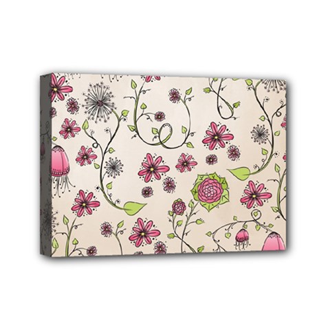 Pink Whimsical flowers on beige Mini Canvas 7  x 5  (Framed) from ArtsNow.com