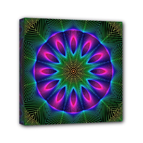 Star Of Leaves, Abstract Magenta Green Forest Mini Canvas 6  x 6  (Framed) from ArtsNow.com