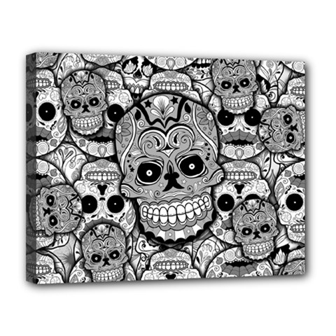 Sugar Skulls   Black And White Canvas 14  x 11  (Stretched) from ArtsNow.com