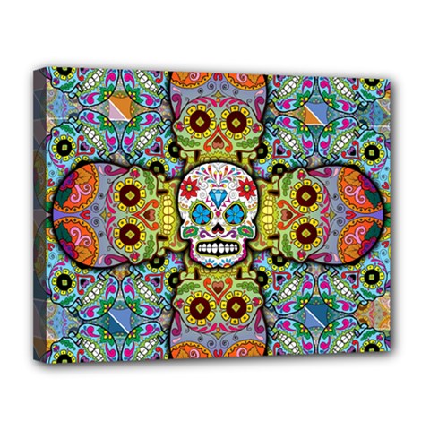 Sugar Skulls   Patterned Canvas 14  x 11  (Stretched) from ArtsNow.com