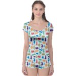 Blue Colorful Cats Silhouettes Pattern Short Sleeve Leotard