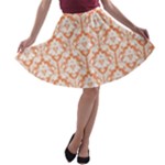 Nectarine Orange Damask Pattern A-line Skater Skirt