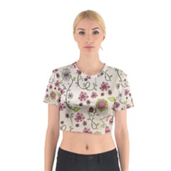 Pink Whimsical flowers on beige Cotton Crop Top from ArtsNow.com