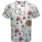 Pink whimsical flowers on blue Men s Cotton Tee