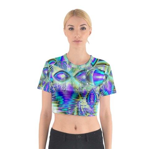 Abstract Peacock Celebration, Golden Violet Teal Cotton Crop Top from ArtsNow.com