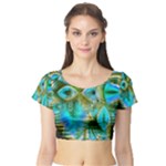 Crystal Gold Peacock, Abstract Mystical Lake Short Sleeve Crop Top (Tight Fit)