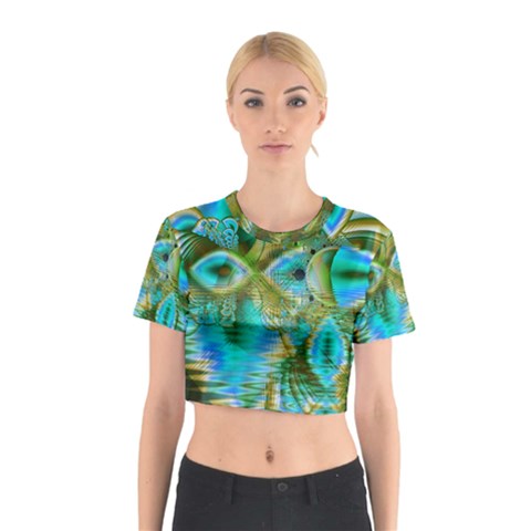 Crystal Gold Peacock, Abstract Mystical Lake Cotton Crop Top from ArtsNow.com