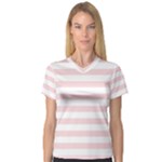 Horizontal Stripes - White and Pale Pink Women s V-Neck Sport Mesh Tee