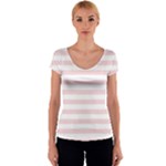 Horizontal Stripes - White and Pale Pink Women s V-Neck Cap Sleeve Top