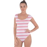 Horizontal Stripes - White and Pastel Pink Short Sleeve Leotard (Ladies)