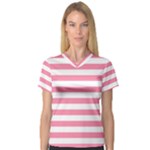 Horizontal Stripes - White and Flamingo Pink Women s V-Neck Sport Mesh Tee