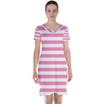 Horizontal Stripes - White and Flamingo Pink Short Sleeve Nightdress