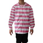 Horizontal Stripes - White and Flamingo Pink Hooded Wind Breaker (Kids)