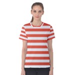 Horizontal Stripes - White and Tomato Red Women s Cotton Tee