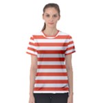 Horizontal Stripes - White and Tomato Red Women s Sport Mesh Tee