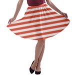 Horizontal Stripes - White and Tomato Red A-line Skater Skirt