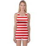 Horizontal Stripes - White and Red One Piece Boyleg Swimsuit