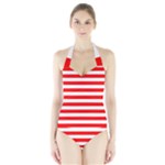 Horizontal Stripes - White and Red Women s Halter One Piece Swimsuit